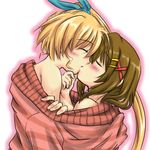  blonde_hair brown_hair couple hair_ornament hair_ribbon kiss long_hair lyrical_nanoha mahou_shoujo_lyrical_nanoha_strikers multiple_girls nude ribbon san-pon short_hair side_ponytail sweater vivio yagami_hayate yuri 