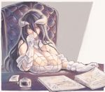  albedo bare_shoulders black_hair breast_rest breasts calligraphy_brush chair cleavage closed_mouth demon_girl demon_horns desk detached_collar dress gloves hair_between_eyes holding holding_paper holding_pen horns ink_bottle jewelry large_breasts long_hair necklace overlord_(maruyama) paintbrush paper paper_stack papers pen slit_pupils user_xgpy8228 white_dress white_gloves yellow_eyes 