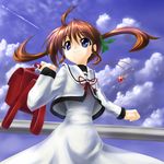  blue_eyes brown_hair from_below haruo_(hs-att) jewelry long_hair looking_up lyrical_nanoha mahou_shoujo_lyrical_nanoha necklace pendant raising_heart school_uniform seishou_elementary_school_uniform solo takamachi_nanoha twintails 