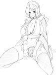  breasts cleavage goban greyscale highres iroha_(samurai_spirits) large_breasts monochrome samurai_spirits solo spread_pussy_under_clothes thighhighs 