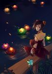 afloat_lantern brown_hair candle creature dissolving_clothes fairy_wings flower gloves hair_ornament lantern lily_pad looking_at_viewer looking_back lotus nataku39 night original short_hair sitting smile solo themed_object thighhighs water wings 