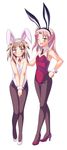  animal_ears bunny_ears bunnysuit fang fishnet_pantyhose fishnets green_eyes highres legs long_hair maaryan multiple_girls nanako_(to_heart_2) one_eye_closed pantyhose pink_hair purple_eyes shirota_mizuki silver_hair to_heart_2 twintails 