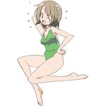  barefoot brown_eyes brown_hair feet nemuro_nao one-piece_swimsuit one_eye_closed original short_hair solo sweatdrop swimsuit 