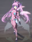  absurdres animal_ears blue_eyes blush bodysuit cat_ears gloves hair_ribbon highres latex long_hair natsumiya_yuzu navel original pink_bodysuit purple_hair ribbon see-through solo twintails very_long_hair wings 