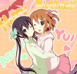  black_hair brown_eyes brown_hair cheek-to-cheek happy_birthday heart hirasawa_yui hood hoodie hug k-on! kisuke_(akutamu) long_hair multiple_girls nakano_azusa one_eye_closed pantyhose short_hair side_ponytail smile twintails 