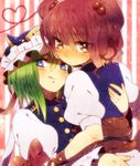  :q bad_id bad_pixiv_id blue_eyes blush brown_eyes green_hair hair_bobbles hair_ornament hand_on_back heart hug licking_lips looking_at_viewer mika_(1020mk) multiple_girls onozuka_komachi red_hair shiki_eiki short_hair striped striped_background tongue tongue_out touhou two_side_up yuri 