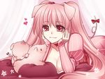  animal_ears bow breasts choker heart konshin long_hair medium_breasts original pig pig_ears pig_tail pillow pink_eyes pink_hair smile solo tail twintails 
