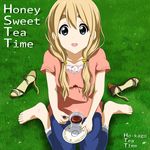  bad_id bad_pixiv_id barefoot blonde_hair blue_eyes casual cup feet grass high_heels highres k-on! kotobuki_tsumugi kouchou long_hair official_style open_mouth open_toe_shoes sandals shoes shoes_removed sitting solo tea teacup wariza 