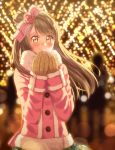  1girl bangs blurry blurry_background blush bokeh bow breath brown_mittens christmas christmas_lights coat commentary_request depth_of_field flower fur-trimmed_coat fur-trimmed_sleeves fur_collar fur_trim grey_hair hair_bow hair_flower hair_ornament hands_up hoshisakura_(starblossom) looking_at_viewer love_live! love_live!_school_idol_project minami_kotori mittens night one_side_up outdoors pink_bow pink_coat pink_flower pink_rose rose smile solo striped striped_bow upper_body yellow_eyes 