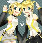  1girl aqua_eyes bad_id bad_pixiv_id blonde_hair brother_and_sister circle detached_sleeves elbow_gloves fingerless_gloves gloves hair_ornament hair_ribbon hairclip headphones heart kagamine_len kagamine_len_(append) kagamine_rin kagamine_rin_(append) navel ribbon short_hair shorts siblings smile twins vocaloid vocaloid_append yamaki_suzume 