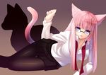  alternate_hairstyle animal_ears bad_id bad_pixiv_id bespectacled blue_eyes cat_ears cat_tail glasses highres kemonomimi_mode legs long_hair lying megurine_luka nana_mikoto on_side pantyhose pink_hair secret_(vocaloid) skirt smile solo tail vocaloid 
