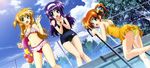  :d absurdres arisa_bannings ass bikini blue_eyes brown_hair chain-link_fence cloud day dutch_angle fence flat_chest frilled_bikini frills green_eyes highres innertube long_hair looking_back lyrical_nanoha mahou_shoujo_lyrical_nanoha mahou_shoujo_lyrical_nanoha_the_movie_1st multiple_girls navel nyantype okuda_yasuhiro one-piece_swimsuit open_mouth outdoors pool pool_ladder poolside purple_eyes purple_hair scan school_swimsuit short_twintails sky smile swimsuit takamachi_nanoha thigh_gap tsukimura_suzuka twintails very_long_hair wet 