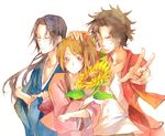  2boys black_hair brown_eyes brown_hair closed_eyes crossed_arms flower foreshortening fuu glasses hair_ornament hand_on_another's_head hibiki_(bagawa) japanese_clothes jinnosuke kimono long_hair mugen multiple_boys one_eye_closed samurai_champloo simple_background sunflower traditional_media v watercolor_(medium) 