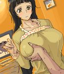  black_hair blush breast_grab breasts futaba_channel grabbing huge_breasts kurofune_shuurai long_hair lowres oekaki original solo_focus 