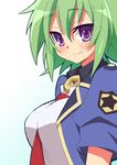  9law between_breasts breasts fang green_hair necktie purple_eyes short_hair sleeves_rolled_up solo tantei_opera_milky_holmes uniform zenigata_tsugiko 