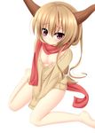  bottomless breasts brown_hair highres horns ibuki_suika long_hair nipples no_bra scarf sitting small_breasts solo sweater touhou wariza yoye_(pastel_white) 