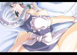  blue_eyes blush bottomless braid breasts ebido implied_sex izayoi_sakuya medium_breasts nipples open_mouth out-of-frame_censoring short_hair silver_hair solo_focus tears touhou 