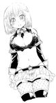  breasts cleavage fantasy_earth_zero fbc fishnets gloves greyscale large_breasts miniskirt monochrome open_clothes open_shirt shirt skirt solo thighhighs 