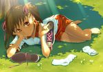  aoi_sora_(pairan) arm_support bad_id bad_pixiv_id barefoot bow brown_eyes brown_hair dappled_sunlight face feet flower foreshortening grass gym_uniform hair_bow light_rays lying on_side original pairan shade shoes shoes_removed shorts smile sneakers socks socks_removed solo sunbeam sunlight tree tree_shade twintails under_tree 