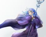  1girl ameshiki blue_eyes blue_hair braid cape caster commentary_request dress fate/grand_order fate_(series) grey_background holding holding_staff light_frown long_dress looking_to_the_side pointy_ears purple_cape purple_dress short_hair side_braid solo staff 