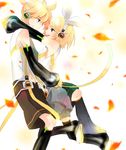  1girl absurdres aqua_eyes bad_id bad_pixiv_id blonde_hair brother_and_sister detached_sleeves hair_ornament hair_ribbon hairclip headphones highres issindotai kagamine_len kagamine_len_(append) kagamine_rin kagamine_rin_(append) leg_warmers navel ribbon short_hair siblings smile twins vocaloid vocaloid_append 