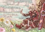  1boy blonde_hair blue_eyes field male_focus nintendo shoes short_hair shulk sky smile solo sword tree weapon xenoblade_(series) xenoblade_1 zin_(mame_denkyu) 