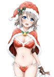  1girl :d bangs bell bikini blue_eyes blush breasts brown_gloves capelet christmas cleavage fur-trimmed_capelet fur-trimmed_legwear fur_trim gloves grey_hair hat large_breasts looking_at_viewer love_live! love_live!_sunshine!! navel open_mouth red_hat sack santa_hat short_hair side-tie_bikini simple_background smile solo stomach suzume_miku swimsuit thighhighs watanabe_you white_background 