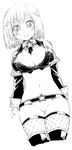  breasts cleavage fantasy_earth_zero fbc gloves greyscale large_breasts monochrome no_panties open_clothes open_shirt shirt solo thighhighs 