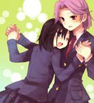  black_hair blazer commentary_request green_eyes hachiko_(hati12) holding_hands jacket kajiki_yumi multiple_girls one_eye_closed purple_hair red_eyes saki school_uniform skirt smile touyoko_momoko tsuruga_school_uniform yuri 