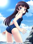  ass bare_shoulders black_hair blue_eyes blush cloud day gokou_ruri image_sample long_hair looking_back md5_mismatch mole mole_under_eye one-piece_swimsuit open_mouth ore_no_imouto_ga_konna_ni_kawaii_wake_ga_nai pixiv_sample rock school_uniform sky solo sun swimsuit water wet yamasan 