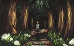  bag banajune black_hair brown_hair forest grass leaf light long_hair nature original railroad_tracks rock scenery school_bag school_uniform solo standing tree wallpaper 