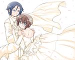  1girl bare_shoulders black_eyes bridal_veil brown_hair couple dress flower glasses good_end hetero jewelry kousaka_kyousuke mad_(hazukiken) ore_no_imouto_ga_konna_ni_kawaii_wake_ga_nai ring short_hair tamura_manami veil wedding wedding_dress 