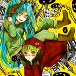  :d ankle_boots bad_id bad_pixiv_id black_gloves blue_hair boots brown_footwear brown_gloves gloves green_eyes green_hair gumi hatsune_miku highres hood hoodie long_hair looking_at_viewer matryoshka_(vocaloid) miyake_achi multiple_girls open_mouth short_hair smile very_long_hair vocaloid 