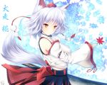  animal_ears bad_id bad_pixiv_id breasts character_name covered_nipples detached_sleeves ginzake_(mizuumi) hat inubashiri_momiji large_breasts leaf leaf_background maple_leaf orange_eyes serious short_hair silver_hair solo sword tail tokin_hat touhou weapon white_hair wolf_ears wolf_tail 