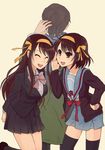  2girls absurdres brown_eyes brown_hair closed_eyes dual_persona hair_ribbon highres kita_high_school_uniform kouyouen_academy_uniform kyon long_hair multiple_girls ribbon school_uniform serafuku short_hair suzumiya_haruhi suzumiya_haruhi_no_shoushitsu suzumiya_haruhi_no_yuuutsu thighhighs ukon 