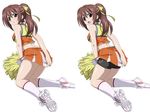  bike_shorts blush bow brown_hair cheerleader hair_bow looking_back mitsuki_sohara official_art ribbon skirt skirt_tug sora_no_otoshimono 
