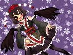  alternate_costume blush brown_hair detached_sleeves hat lolita_fashion looking_at_viewer mame_mochi open_mouth pantyhose red_eyes shameimaru_aya short_hair smile solo tokin_hat touhou wa_lolita wings 