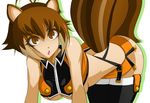 :&lt; animal_ears antenna_hair ass bare_shoulders bent_over blazblue boots breasts brown_eyes brown_hair large_breasts makoto_nanaya midriff miniskirt multicolored_hair orange_skirt revealing_clothes short_hair skirt solo squirrel_ears squirrel_tail tail thigh_boots thighhighs two-tone_hair ultraspank underboob 