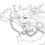  absurdres chain chibi closed_eyes fangs gourd greyscale highres horn_ribbon horns ibuki_suika lineart long_hair monochrome open_mouth ribbon solid_black_thumbnail solo touhou transparent_background yume_shokunin 