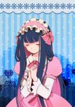 blue_background blue_hair closed_eyes doily dress frills hairband hands_clasped lace_background liusang long_hair own_hands_together panty_&amp;_stocking_with_garterbelt pink_dress polka_dot polka_dot_background praying smile solo stocking_(psg) striped striped_background 