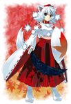  animal_ears blue_eyes border collar esythqua fading_border hat highres inubashiri_momiji leaf looking_at_viewer maple_leaf midriff shield short_hair sidelocks solo standing sword tail tokin_hat touhou weapon white_hair wolf_ears wolf_tail 