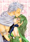  1girl aoi_yuuka_(ao_no_kokoro) blue_eyes blush bridal_gauntlets cape detached_sleeves earrings edward_geraldine final_fantasy final_fantasy_iv green_hair height_difference jewelry rydia star white_hair 