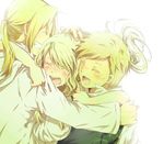  2boys alphonse_elric bad_id bad_pixiv_id blonde_hair braid casual closed_eyes edward_elric fullmetal_alchemist hood hug long_hair mitsu_yomogi multiple_boys open_mouth petting ponytail simple_background smile tears teeth winry_rockbell 