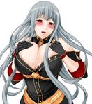  areola_slip areolae bad_id bad_pixiv_id blush breasts covered_nipples cum cum_on_body cum_on_breasts cum_on_upper_body gloves grey_hair huge_breasts long_hair red_eyes selvaria_bles senjou_no_valkyria senjou_no_valkyria_1 simple_background solo todd_oyamada 