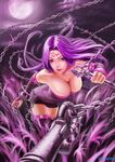  artist_name bare_shoulders breasts chain cleavage cloud downblouse dress facial_mark fate/stay_night fate_(series) forehead_mark full_moon highres large_breasts lips long_hair looking_at_viewer moon nagumo_(qmzp10) nameless_dagger purple_eyes purple_hair rider slender_waist solo strapless strapless_dress thighhighs very_long_hair weapon 