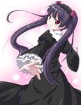  alternate_hairstyle bad_id bad_pixiv_id black_hair blush dress flower from_behind gokou_ruri hairband long_hair looking_back mole mole_under_eye open_mouth ore_no_imouto_ga_konna_ni_kawaii_wake_ga_nai outstretched_arm outstretched_hand purple_flower purple_rose red_eyes rose solo twintails yano_mitsuki 