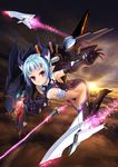  armpits bangs blue_hair blunt_bangs breasts dragon elbow_gloves flying fujimon gloves highres horns mecha_musume navel original pointy_ears red_eyes revealing_clothes science_fiction short_hair small_breasts solo 