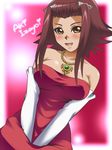  awa breasts dress elbow_gloves female girl gloves gradient gradient_background izayoi_aki jewelry necklace pink_dress sitting smile solo yu-gi-oh! yugioh_5d&#039;s yuu-gi-ou_5d's 
