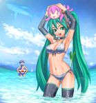  1boy 1girl :3 :d :p =_= abs armpits arms_up bikini blue_hair blue_scarf breasts choker covered_nipples detached_sleeves front-tie_top green_eyes green_hair hatsune_miku headset highres innertube kaito long_hair male_swimwear medium_breasts megurine_luka navel object_on_head open_mouth scarf shu_(la-placetick) side-tie_bikini smile snorkel spring_onion swim_briefs swimsuit swimwear takoluka thighhighs tongue tongue_out twintails v-shaped_eyebrows very_long_hair vocaloid water wet whale 