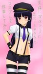  black_hair blush cosplay crop_top fingerless_gloves gloves gokou_ruri hand_on_hip hat kenken long_hair midriff mole mole_under_eye navel necktie ore_no_imouto_ga_konna_ni_kawaii_wake_ga_nai panty_&amp;_stocking_with_garterbelt police police_hat police_uniform policewoman red_eyes short_shorts shorts solo stocking_(psg) stocking_(psg)_(cosplay) striped striped_legwear suspenders thigh_gap thighhighs uniform 